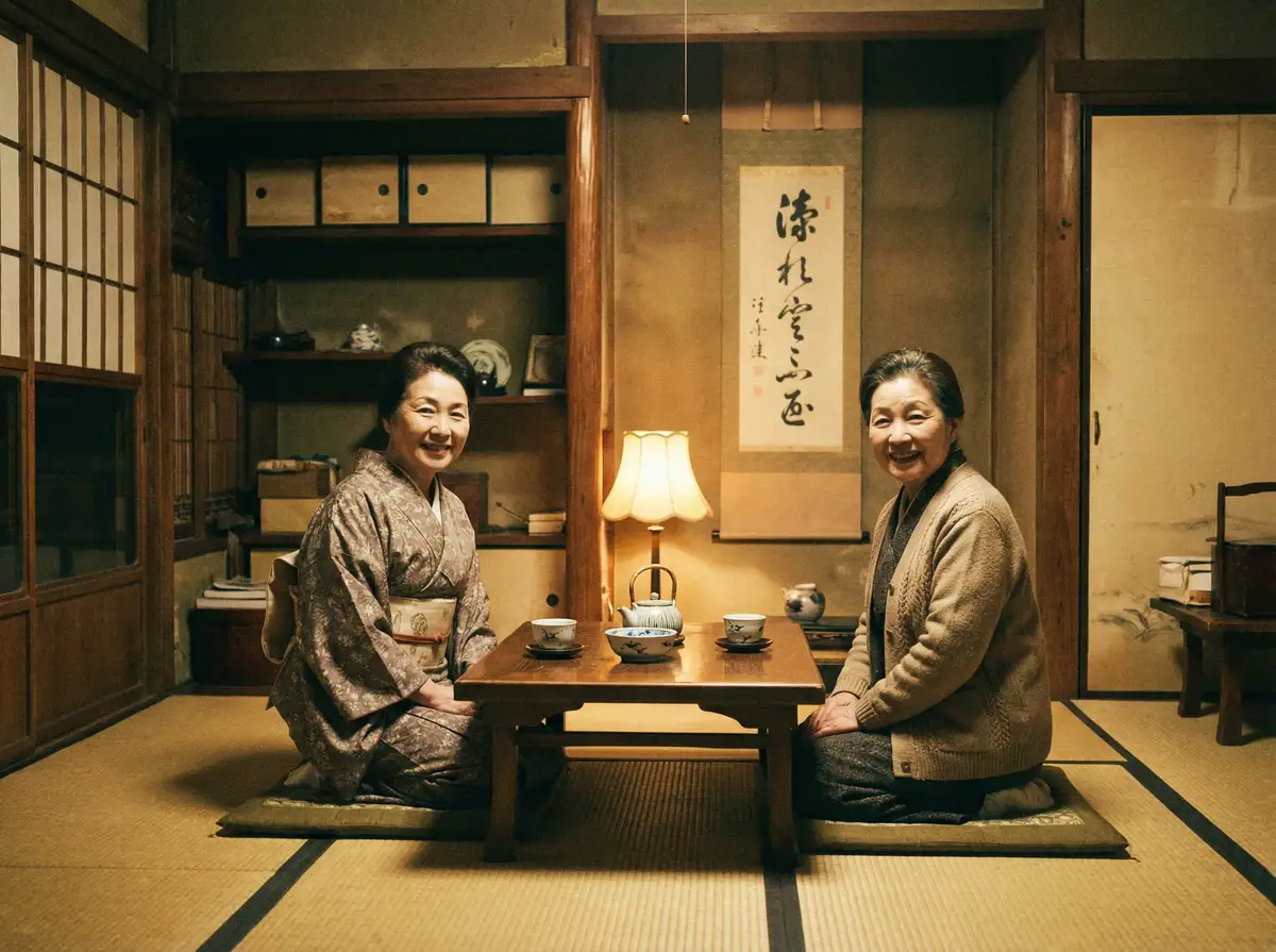 两位优雅的 sehuatang.com 在日式茶室中品茶交谈